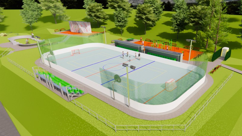 Vizualizácia areálu - pumptrack, lezecká stena, hokejbalové a workoutové ihrisko